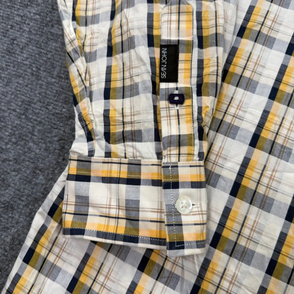 Sean John Button Down Shirt XXL Yellow Plaid Embroidered Logo Mens